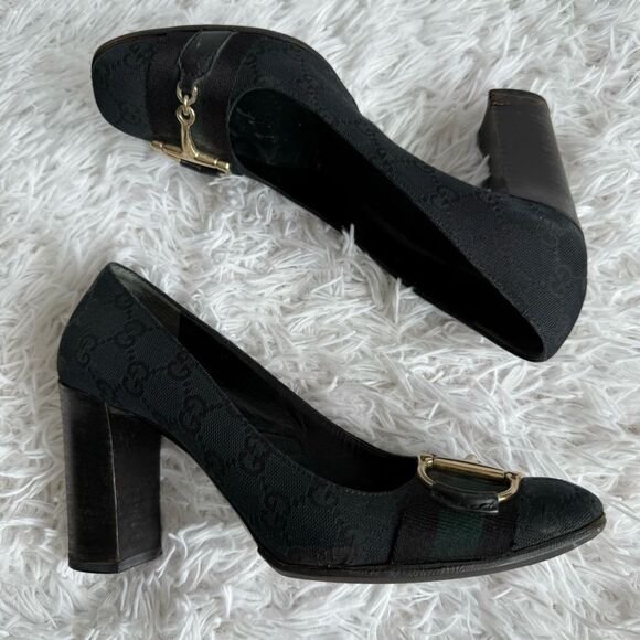 Vintage Y2K Gucci Black GG Web Block Heel Pumps with Gold Horsebit Size 8 - Picture 5 of 12